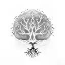A dotwork tattoo of a tree of knowledge with roots shaped like yoga poses tattoo design idea