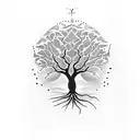 A dotwork tattoo of a tree of knowledge with roots shaped like yoga poses tattoo design idea