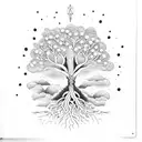 A dotwork tattoo of a tree of knowledge with roots shaped like yoga poses tattoo design idea