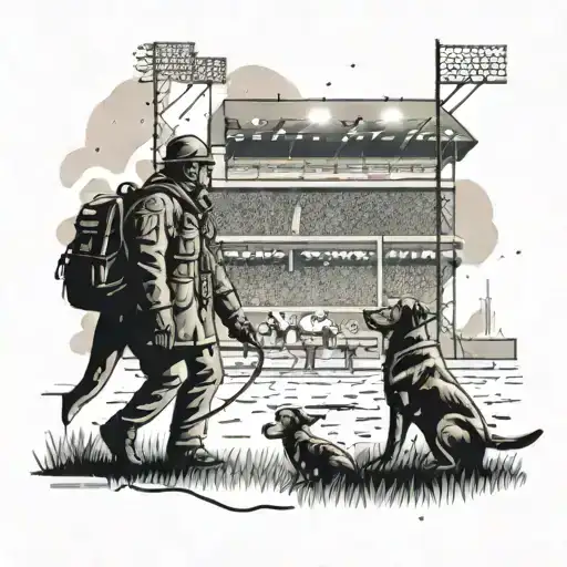 A football stadium filled with various hunting scenes, with a forensic detective analyzing clues under the field lights, while a dog stands guard tattoo design idea