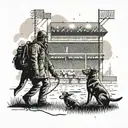 A football stadium filled with various hunting scenes, with a forensic detective analyzing clues under the field lights, while a dog stands guard tattoo design idea
