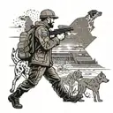 A football stadium filled with various hunting scenes, with a forensic detective analyzing clues under the field lights, while a dog stands guard tattoo design idea