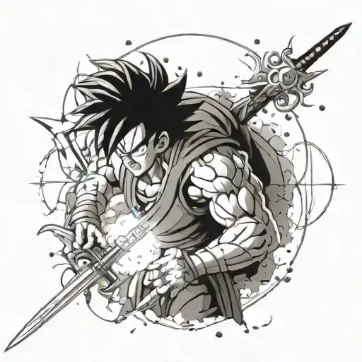 Create a fusion tattoo design combining Dragon Ball and Sword Art Online characters in an epic battle scene tattoo design idea