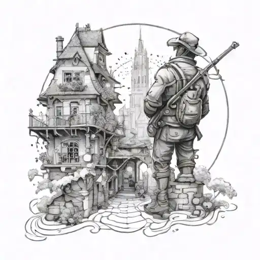 Create a tattoo of Emilio playing with characters from Brandon Sanderson's books in a whimsical architectural setting tattoo design idea