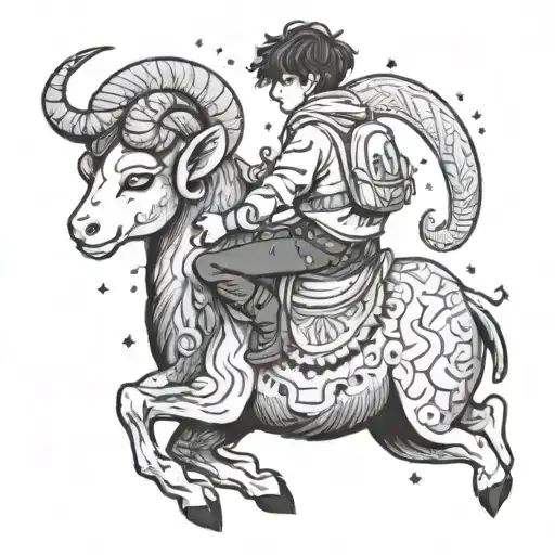 A playful anime version of Emilio riding on the back of a cosmic ram symbolizing Aries energy tattoo design idea
