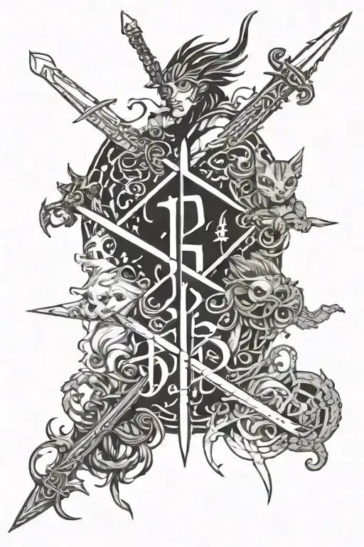 the word "emilio" surrounded by mystical anime creatures and swords tattoo design idea