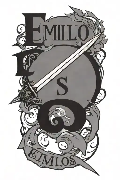 A minimalist design of Emilio's name in a unique font inspired by Brandon Sanderson's writing style, with a small sword accent tattoo design idea