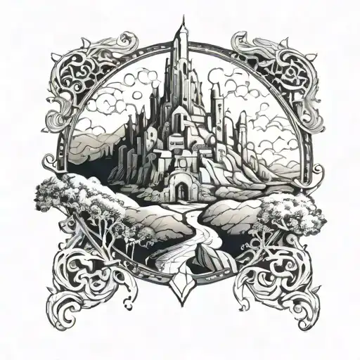 Incorporate architectural elements into a tattoo inspired by the landscapes of Middle-earth tattoo design idea
