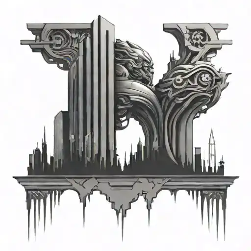 Gemini symbol morphing into a futuristic skyscraper with anime characters climbing its facade tattoo design idea
