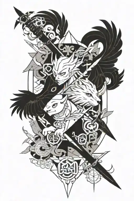 the word "emilio" surrounded by mystical anime creatures and swords tattoo design idea