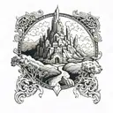 Incorporate architectural elements into a tattoo inspired by the landscapes of Middle-earth tattoo design idea