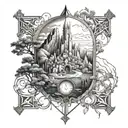Incorporate architectural elements into a tattoo inspired by the landscapes of Middle-earth tattoo design idea