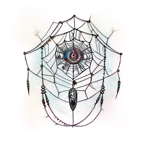 A tribal-inspired dream catcher with spiderwebs as the threads tattoo design idea