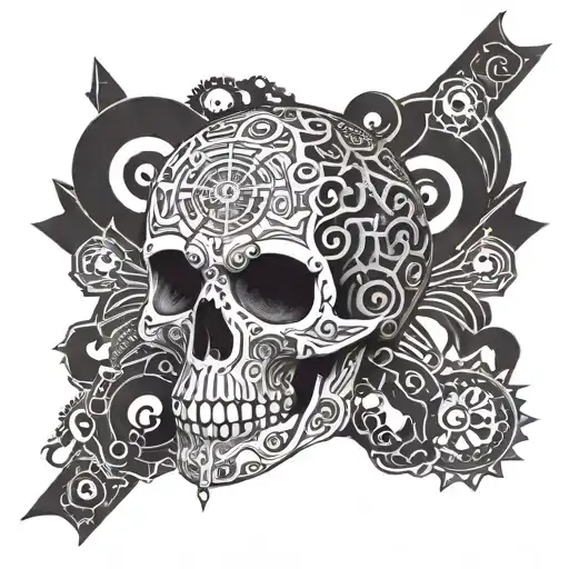A skull with Sharingan eyes surrounded by intricate security-themed patterns tattoo design idea