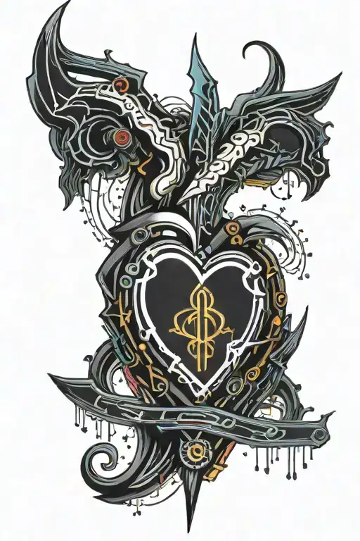 a black heart with a uincorn horn stabbed though it and the blood is rainbow tattoo design idea