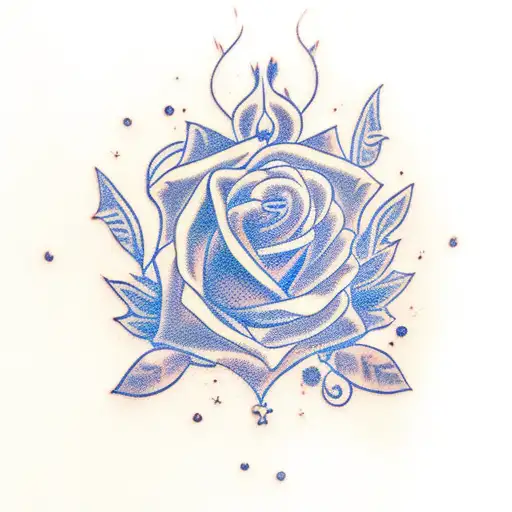 the name Martha with a blue rose and a hand reaching out for a teenage girl with a pixie cut tattoo design idea