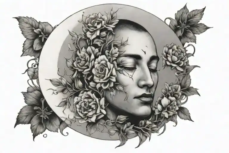 a moon with a mans face surrounded by delicate flowers   tattoo design idea
