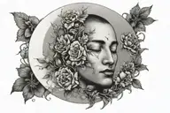 a moon with a mans face surrounded by delicate flowers   tattoo design idea