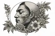 a moon with a mans face surrounded by delicate flowers   tattoo design idea