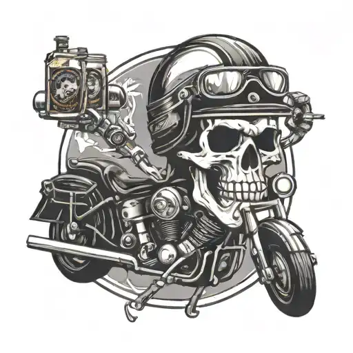 A skull wearing a motorcycle helmet, holding a bottle of whiskey in one hand and a motorcycle handlebar in the other tattoo design idea