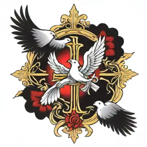 triple cross and mary 2 doves tattoo design idea