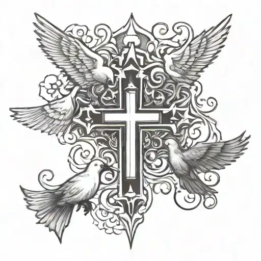 triple cross and 2 doves tattoo design idea
