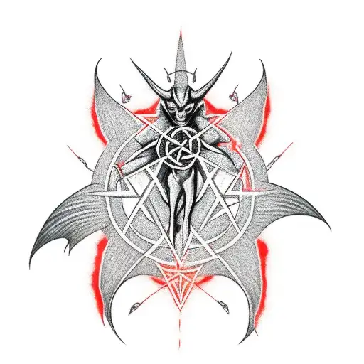 demon holding guitar coming out of a red glowing pentagram tattoo design idea