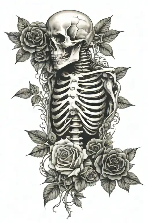 spine tattoo of a skeleton arm going up to your neck and holding your neck with vines and roses all over it  tattoo design idea
