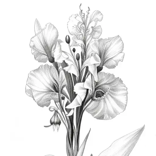 A fine line design featuring a bouquet of gladiolus, poppy, and chrysanthemum flowers tattoo design idea