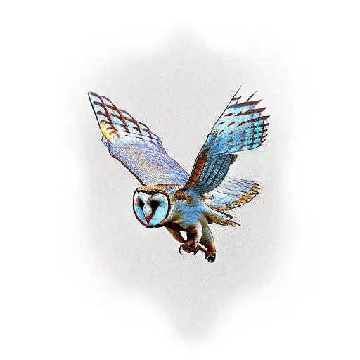 barn owl, pictured from the side, landing tattoo design idea