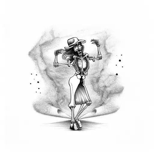 woman dancing with skeleton with a hat tattoo design idea