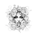 A teacher surrounded by a swirling vortex of roses and thorns, with a woman's face emerging from the center tattoo design idea
