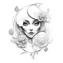 A teacher surrounded by a swirling vortex of roses and thorns, with a woman's face emerging from the center tattoo design idea