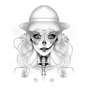 woman with date dress  dancing with skeleton with a hat tattoo design idea