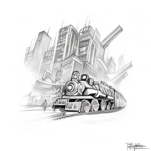 back piece with trains full with graffiti in a city and big monsters in the background tattoo design idea