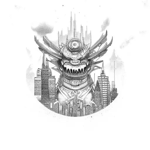 a city with big skyscrapers and shops, driving trains full with graffiti and big monsters in the background tattoo design idea