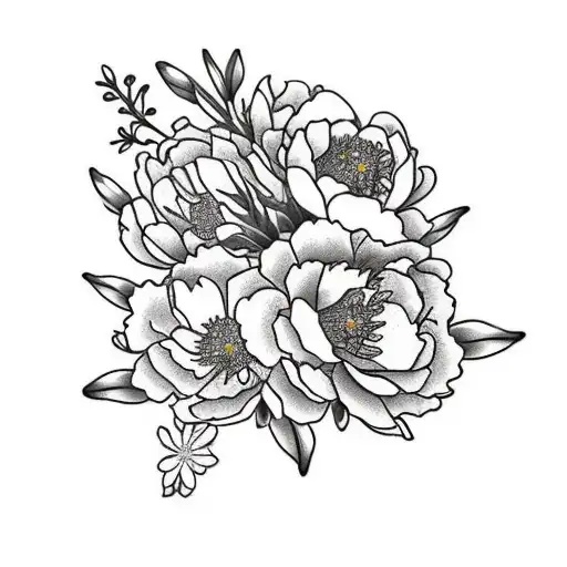 flowers, almond blossoms, some Australian native flowers peonies, larger piece, darker flowers with minimal colour.   tattoo design idea