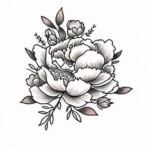 flowers, almond blossoms, a small Christian cross, peonies, larger piece, darker flowers with minimal colour.   tattoo design idea