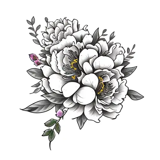 flowers, almond blossoms, peonies, larger piece, darker flowers with minimal colour.   tattoo design idea