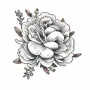 flowers, almond blossoms, peonies, larger piece, darker flowers with minimal colour.   tattoo design idea