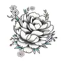 flowers, almond blossoms, peonies, larger piece, darker flowers with minimal colour.   tattoo design idea