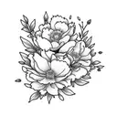 flowers, almond blossoms, peonies, larger piece, darker flowers with minimal colour.   tattoo design idea