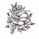 flowers, almond blossoms, a small Christian cross, peonies, larger piece, darker flowers with minimal colour.   tattoo design idea