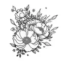 flowers, almond blossoms, a small Christian cross, peonies, larger piece, darker flowers with minimal colour.   tattoo design idea