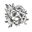 flowers, almond blossoms, a small Christian cross, peonies, larger piece, darker flowers with minimal colour.   tattoo design idea