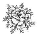 flowers, almond blossoms, a small Christian cross, peonies, larger piece, darker flowers with minimal colour.   tattoo design idea