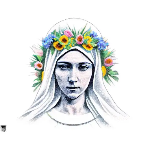 virgin mary and flowers tattoo design idea