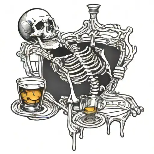 skeleton drinking whiskey glass overflowing tattoo design idea