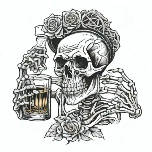 skeleton drinking whiskey glass filled tattoo design idea