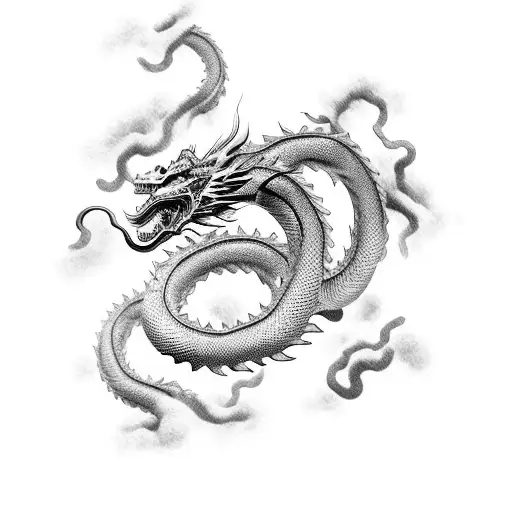 Perfectly detailed long Chinese dragon looking right, with clouds near it, and tail going to the left tattoo design idea